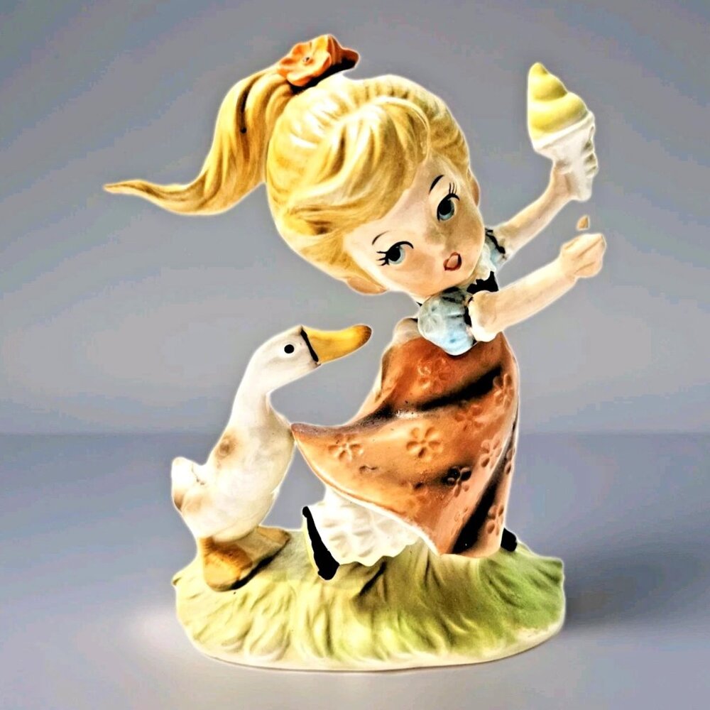 Flambro Vintage Duck Chasing Girl With Ice Cream Porcelain Figurine 5 5/8" Tall